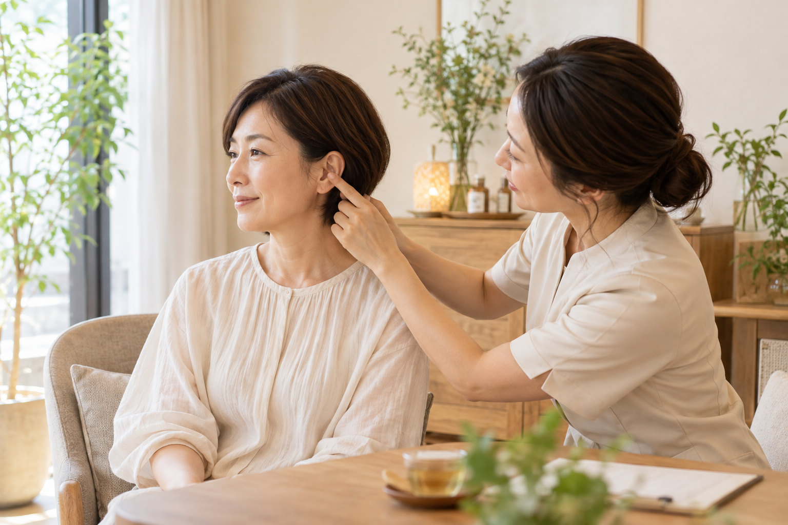 耳つぼ体験の説明場面を表した生成イメージ